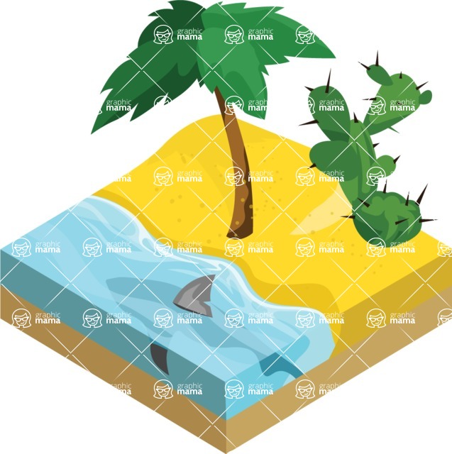 Nature Backgrounds, Patterns and Frames Themed Graphic Collection - Isometric Beach with Palm and Cactus Background